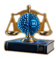 Balanza de la justicia con un cerebro de inteligencia artificial sobre un libro de leyes