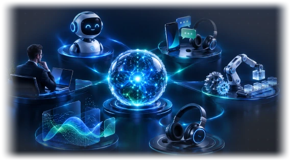 Esfera de inteligencia artificial conectada con un asistente robot, canales de mensajería, automatización, contact center, analítica y un ejecutivo trabajando