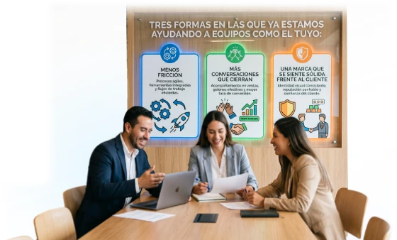 Equipo de tres personas reunido frente a un tablero con las tres formas en que Asellerator ayuda: menos fricción, más conversaciones que cierran y una marca sólida frente al cliente