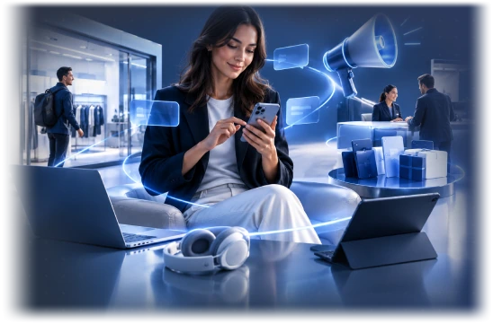 Ejecutiva usando su teléfono rodeada de canales de atención, tienda, megáfono y equipo comercial conectados por IA