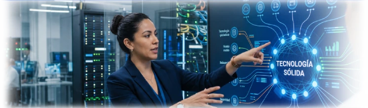 Ingeniera en un centro de datos señalando un panel de “Tecnología sólida” con servicios conectados
